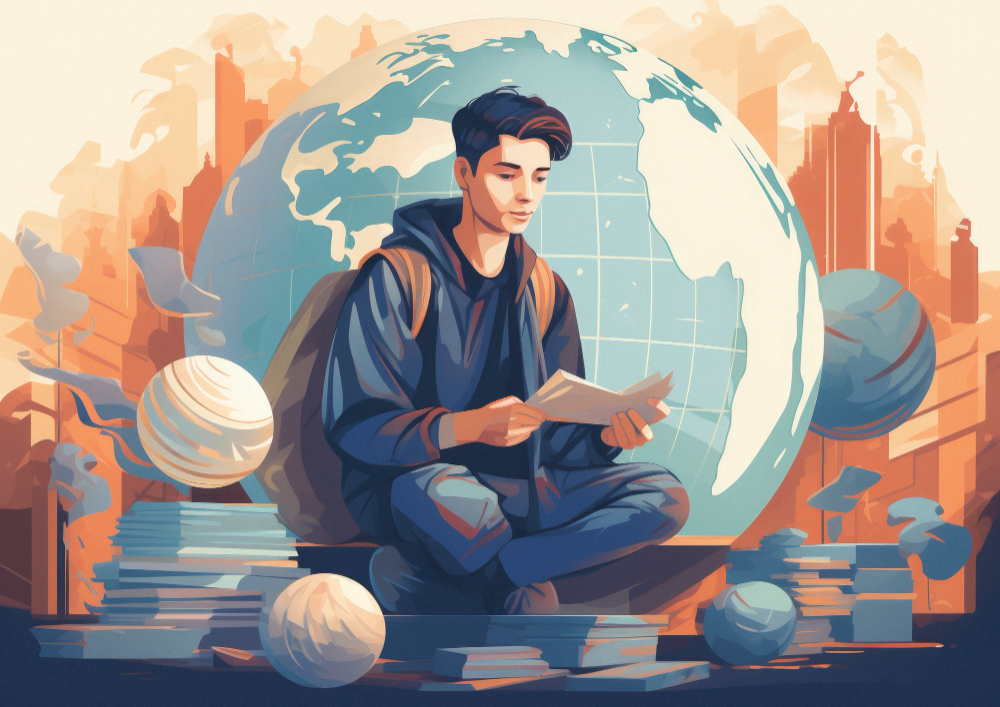 Digital illustration of a student surrounded by educational icons and tools