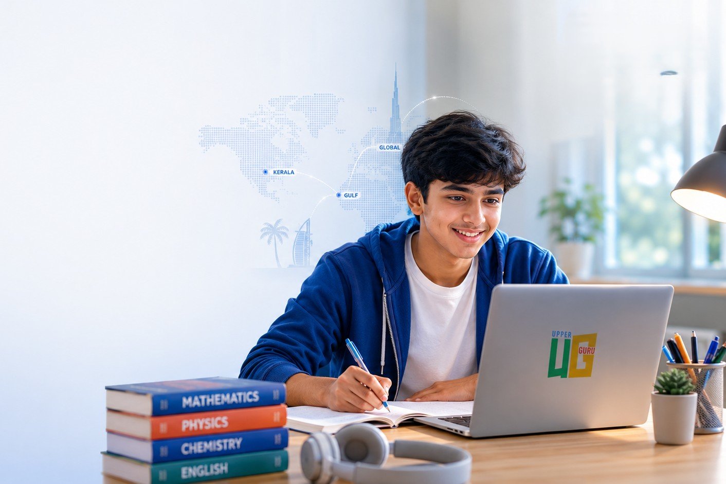 Happy student studying with laptop and books, focused learning with Upperguru