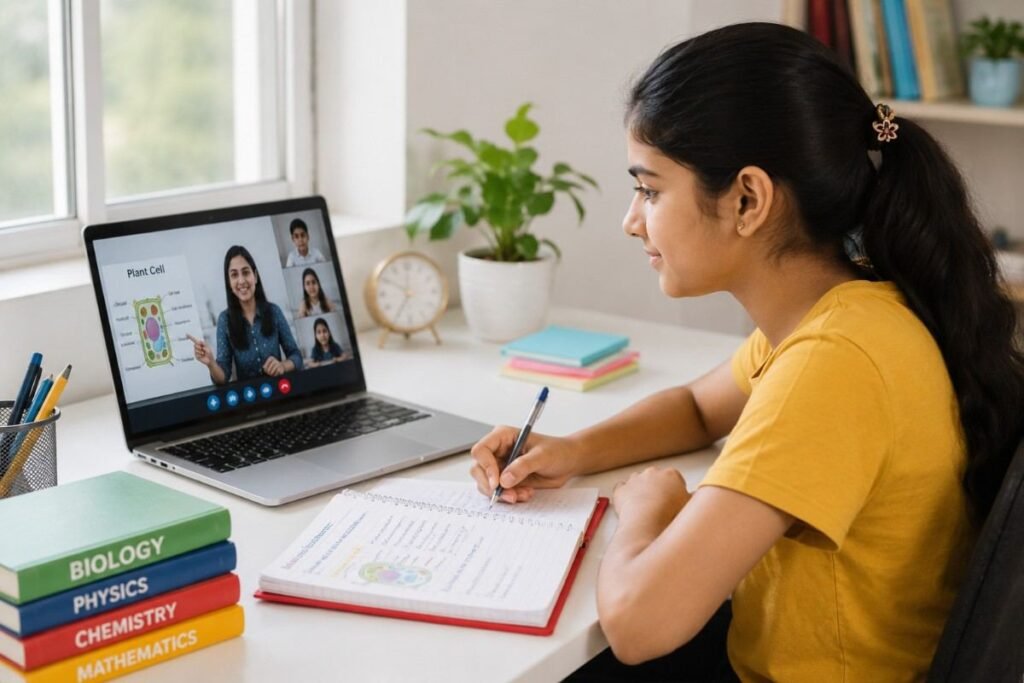 Indian student attending 10th Biology Online Tuition through a live virtual class, learning Biology concepts with expert teacher guidance and interactive study materials.