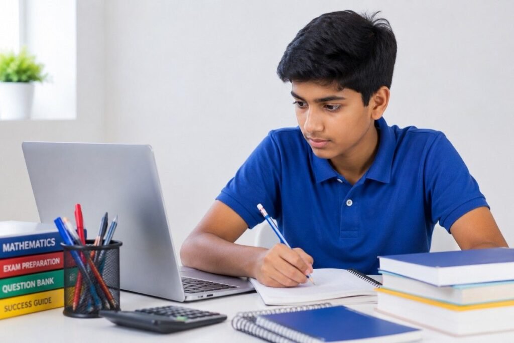 Indian student preparing for board exams and learning how to score A+ in SSLC Maths