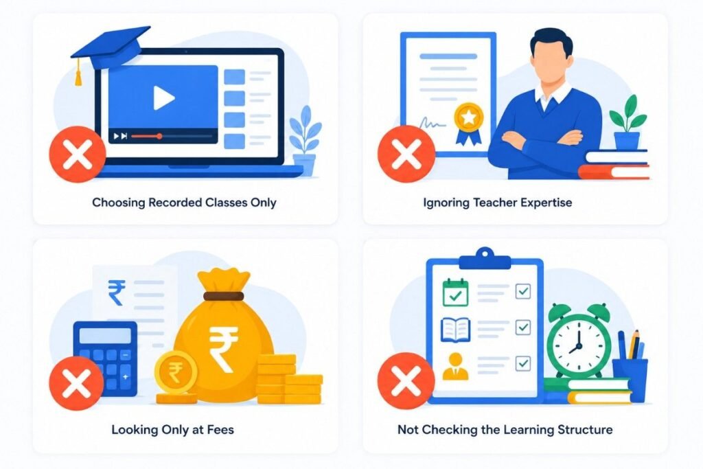 Illustration for How to Choose Online Tuition for SSLC Students showing common mistakes to avoid, including choosing recorded classes only, ignoring teacher expertise, focusing only on fees, and overlooking the learning structure.