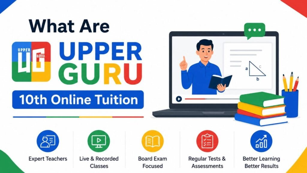 Featured image illustrating UPPER GURU 10th Online Tuition with an online teacher on a laptop screen, study books, educational icons, and a colorful academic-themed design in blue, red, green, and yellow.