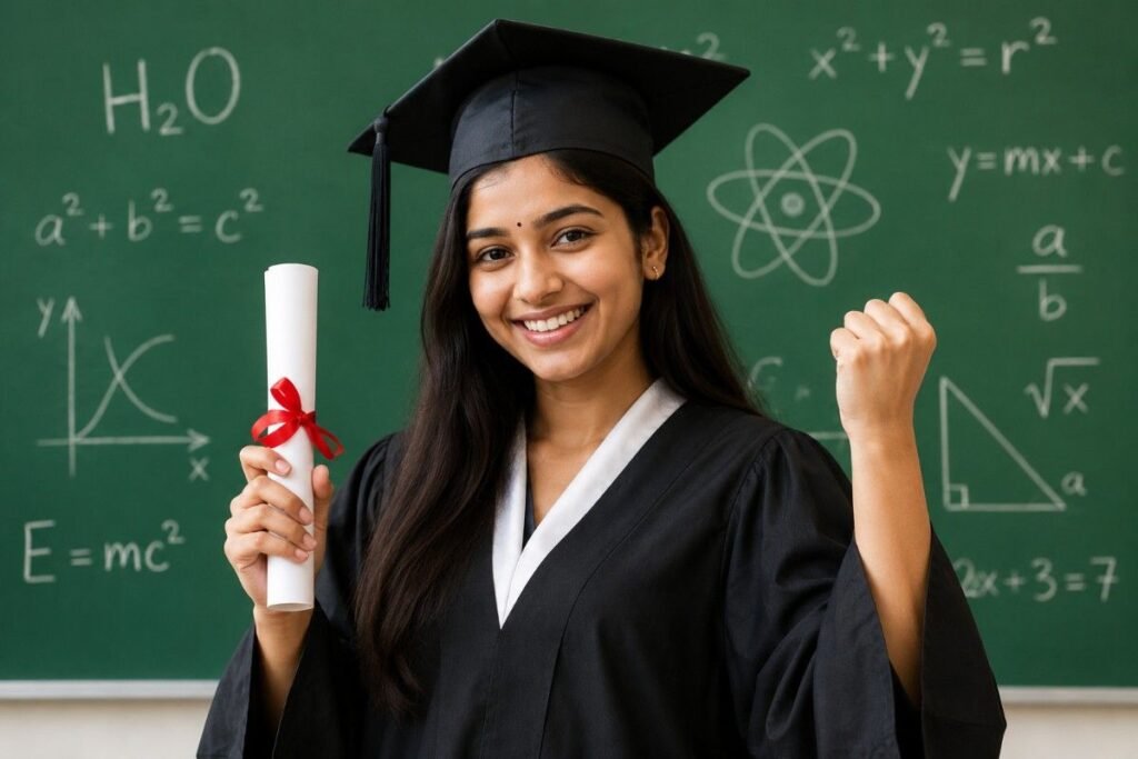Successful SSLC student celebrating academic achievement after completing 10th Standard Online Tuition Kerala with strong examination performance and subject mastery.