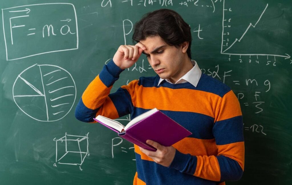 Student looking thoughtfully at a Physics textbook while standing in front of a classroom board filled with formulas and diagrams, reflecting the challenge of understanding complex Physics concepts.