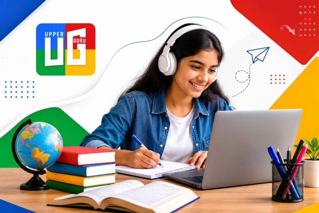 Student attending online Social Science tuition using a laptop and study materials