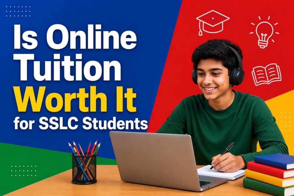 Is Online Tuition Worth It for SSLC Students? Student attending an online learning session using a laptop for exam preparation and academic improvement.