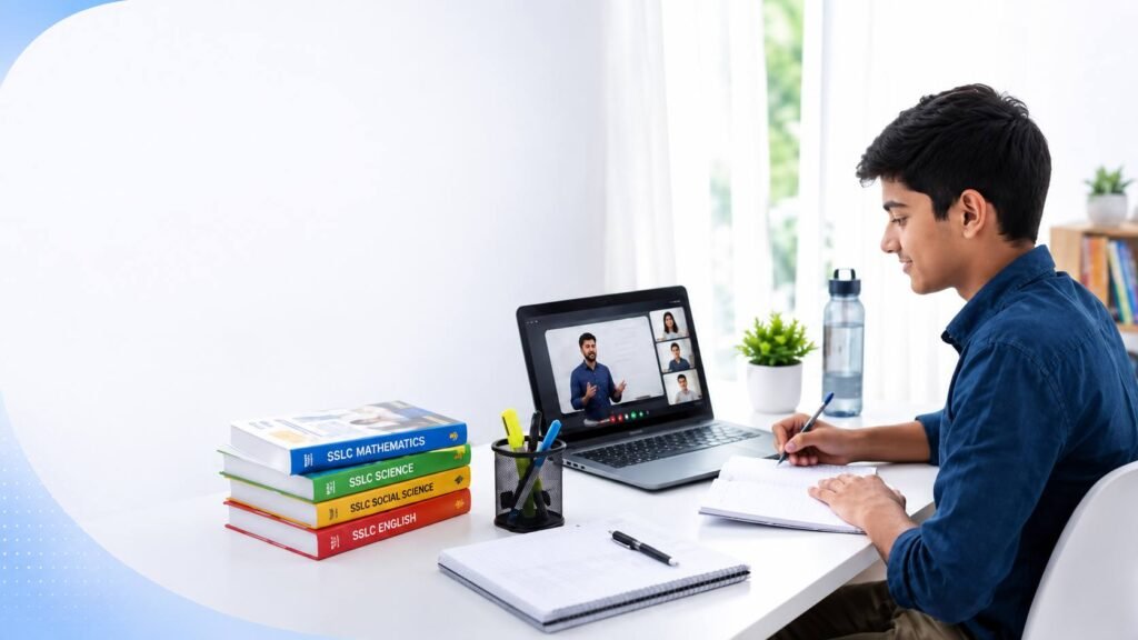 SSLC student attending an online tuition class on a laptop while studying at a desk with books and notebooks.