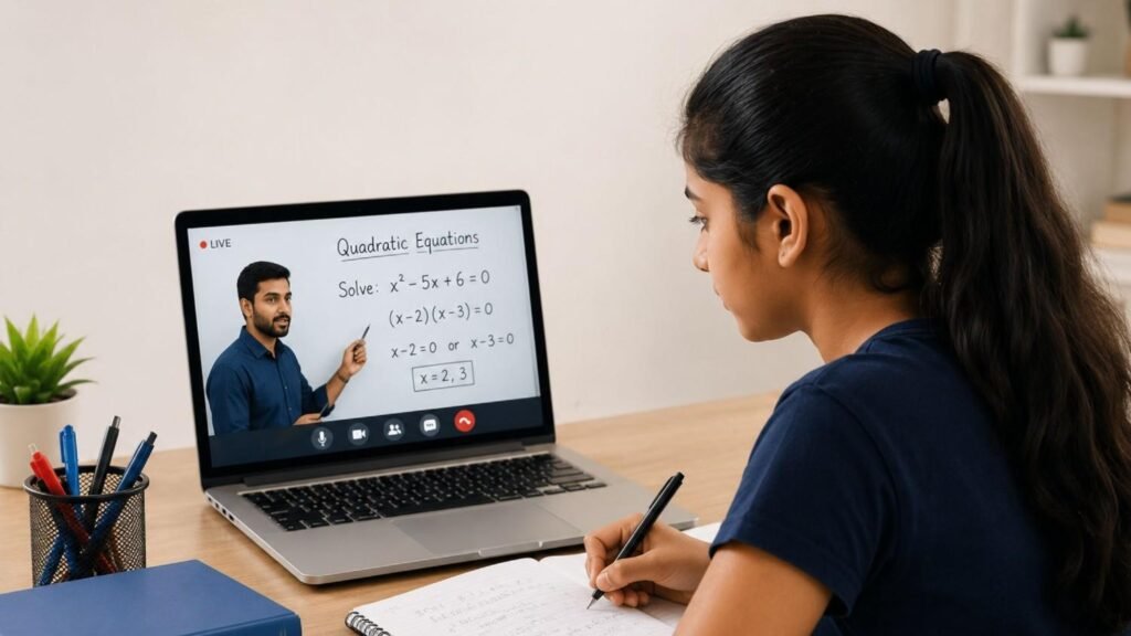 Student attending a live online Maths class on a laptop from home for SSLC exam preparation.