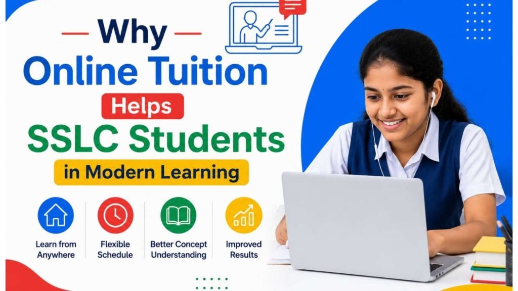 Kerala SSLC student attending an online tuition class on a laptop, showcasing how digital learning supports academic success through flexible and interactive education.