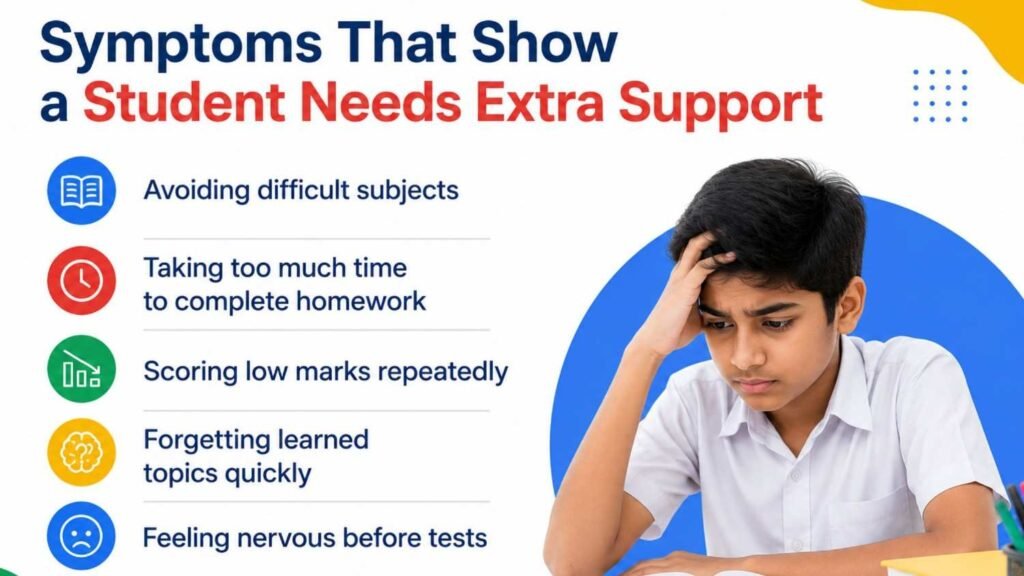 Student looking stressed while studying, illustrating common signs that indicate a need for extra academic support and guidance.