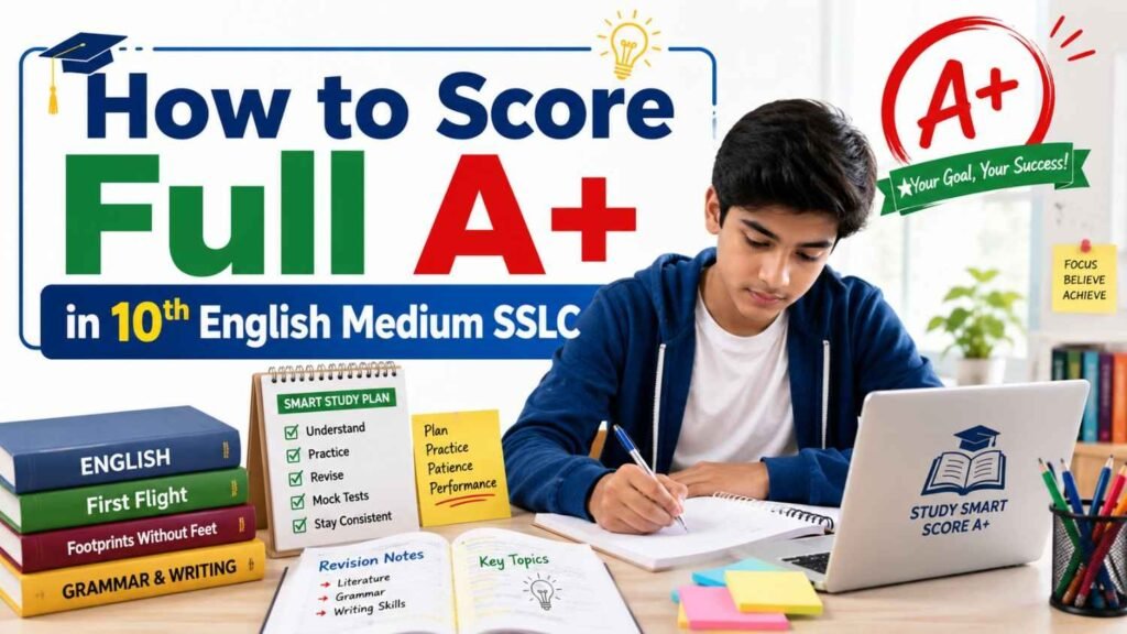 How to Score Full A+ in 10th English Medium SSLC with organised revision, model exam practice, textbooks, and a smart study plan.
