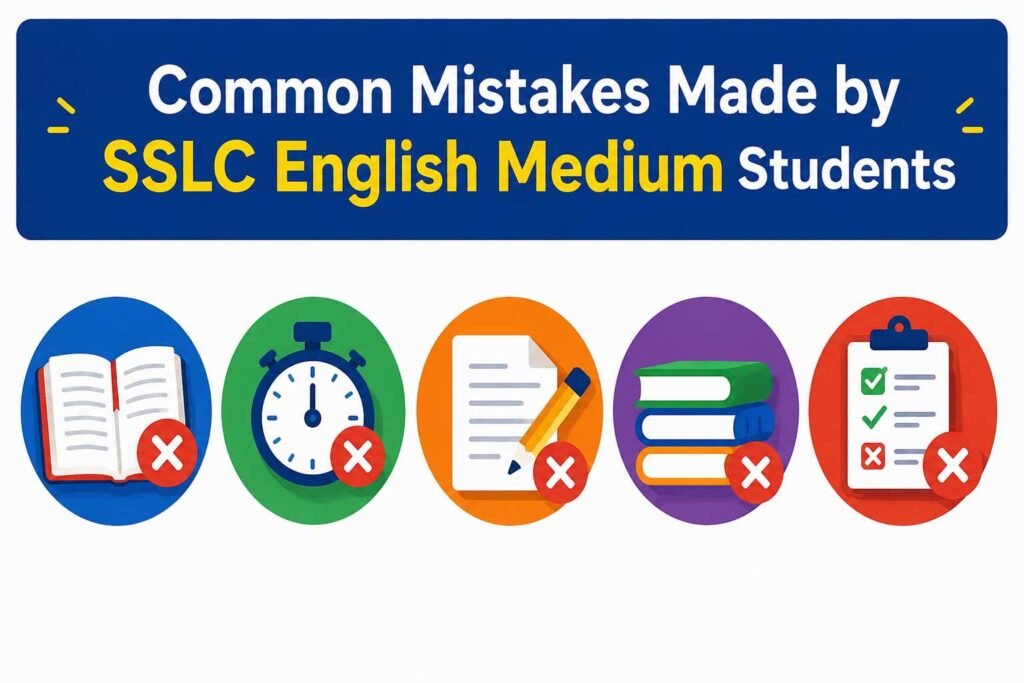 Illustration showing common mistakes made by SSLC English Medium students with study-related icons on a blue and white background.