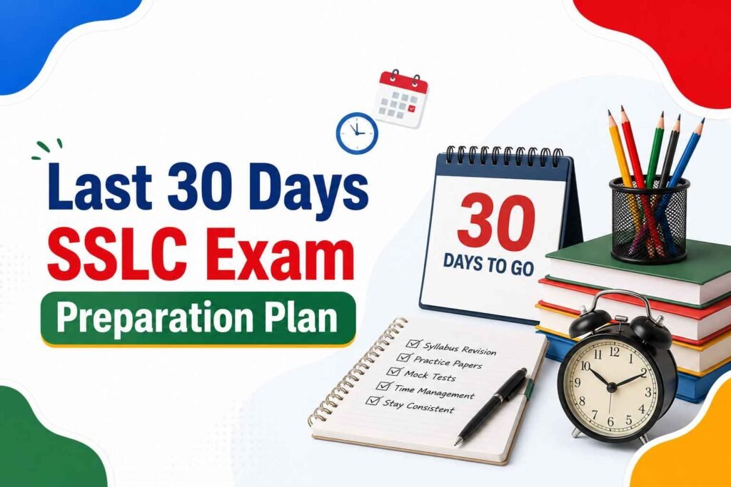 Last 30 Days SSLC Exam Preparation Plan with study calendar, books, notes, and clock
